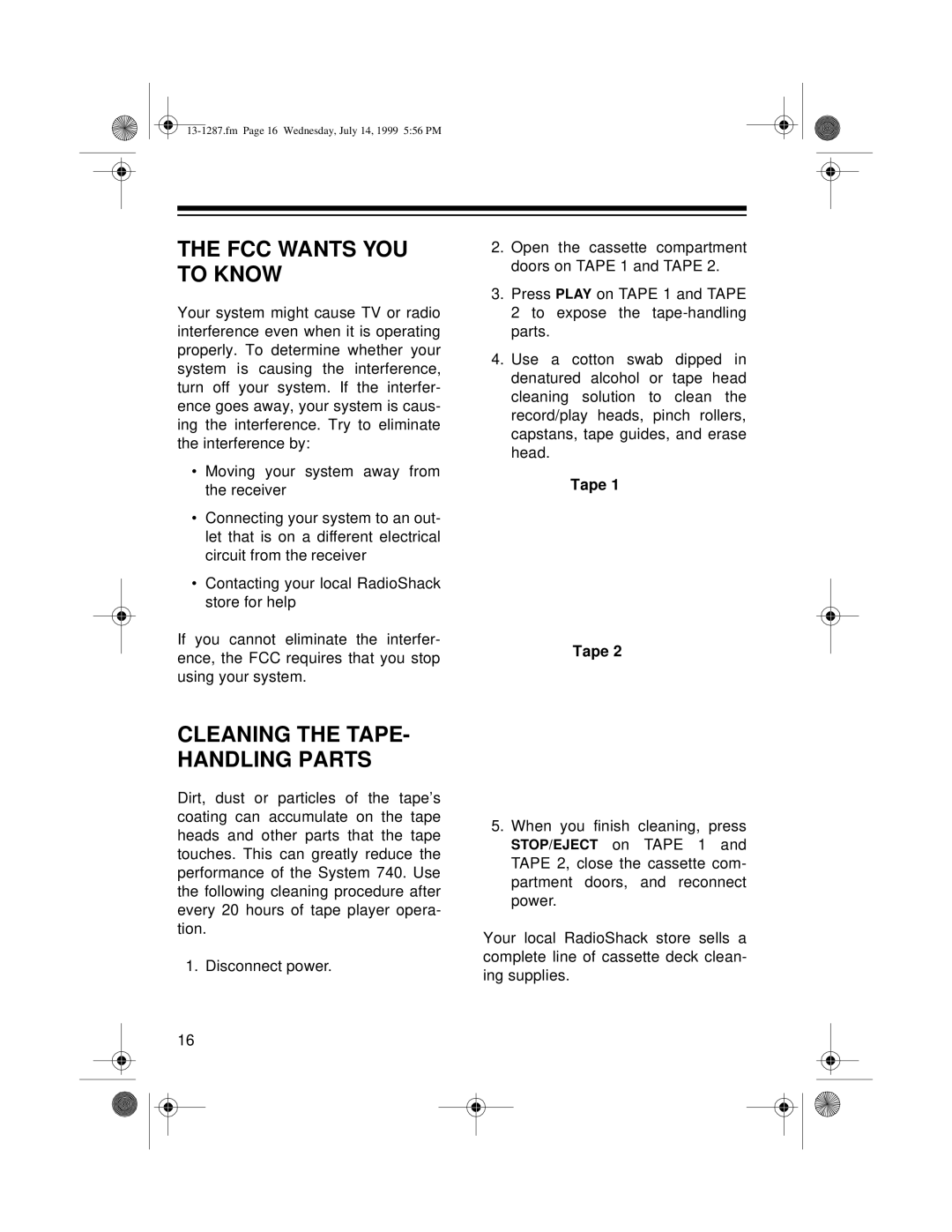 Optimus 740 owner manual FCC Wants YOU to Know, Cleaning the TAPE- Handling Parts 