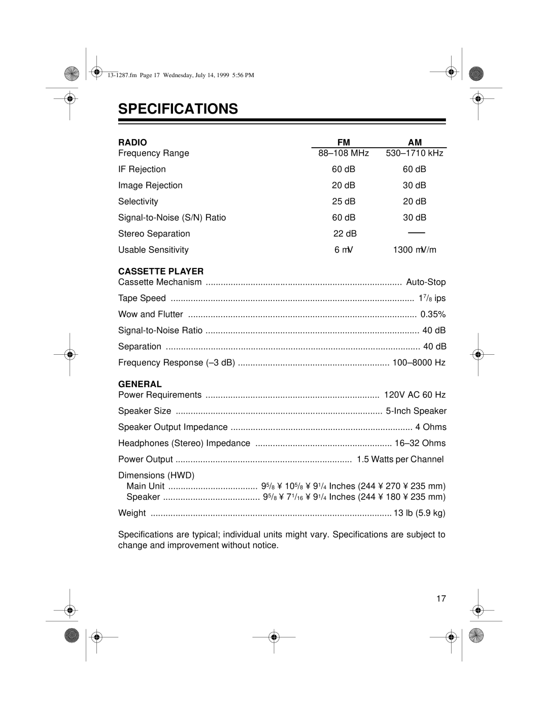 Optimus 740 owner manual Specifications, Radio 