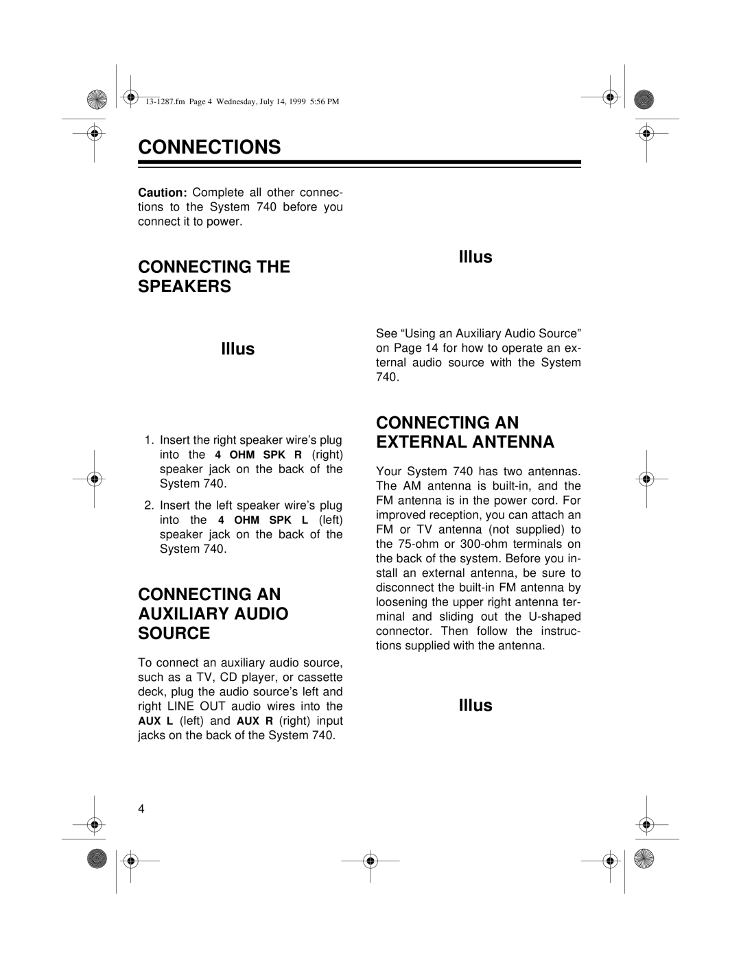 Optimus 740 Connections, Connecting Speakers, Connecting AN Auxiliary Audio Source, Connecting AN External Antenna 