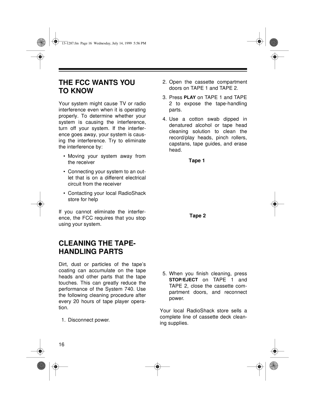 Optimus 740 owner manual The Fcc Wants You To Know, Cleaning The Tape- Handling Parts 