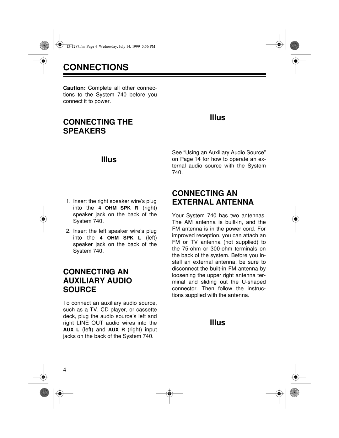 Optimus 740 owner manual Connections, CONNECTING THE SPEAKERS Illus, Connecting An Auxiliary Audio Source 