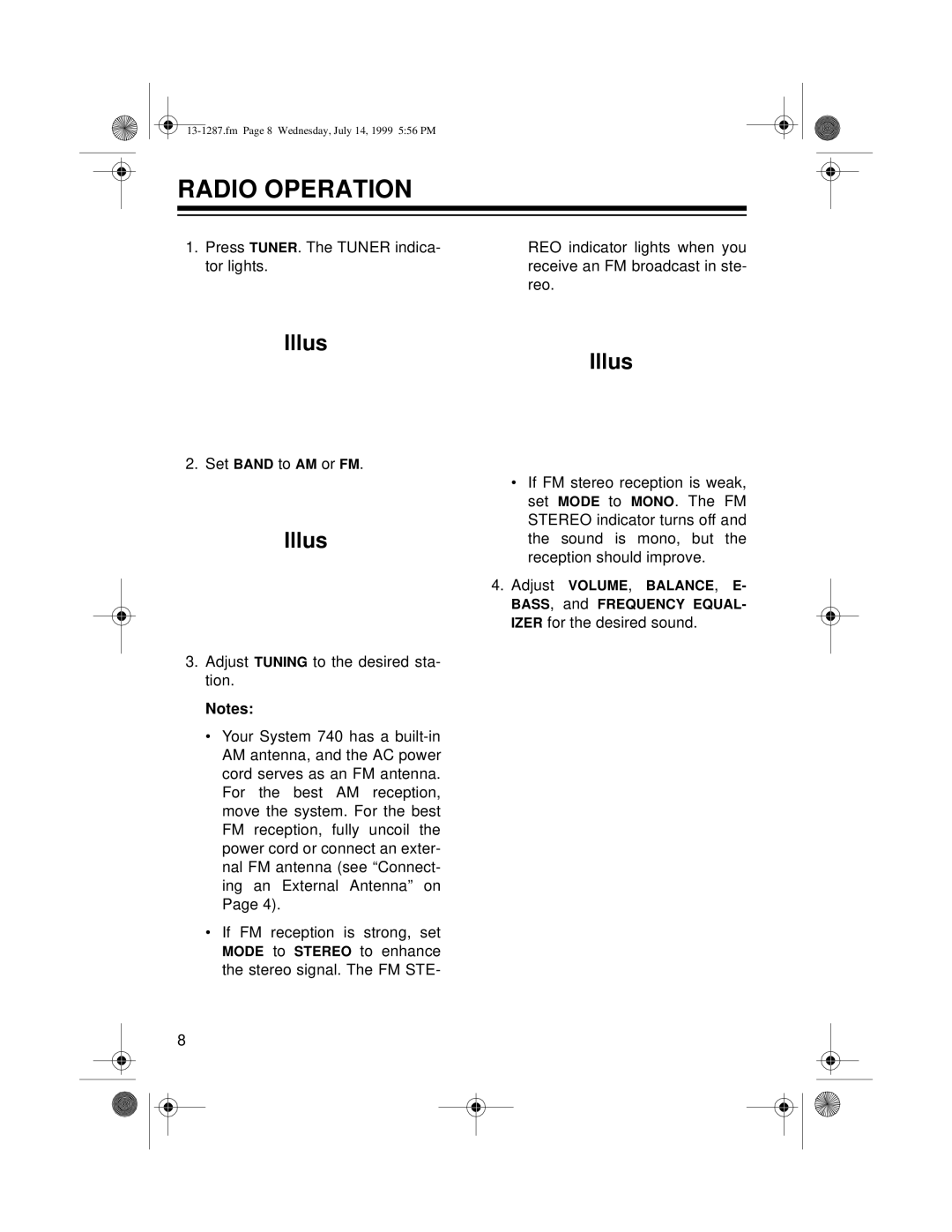Optimus 740 owner manual Radio Operation, Illus Illus 