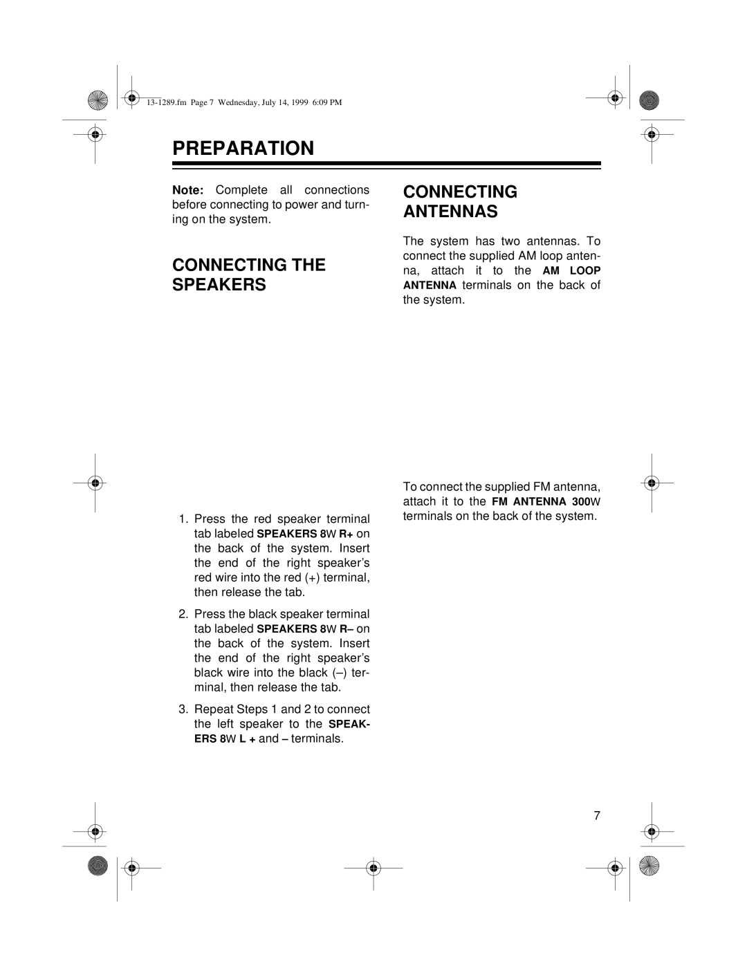 Optimus 742 owner manual Preparation, Connecting the Speakers, Connecting Antennas 