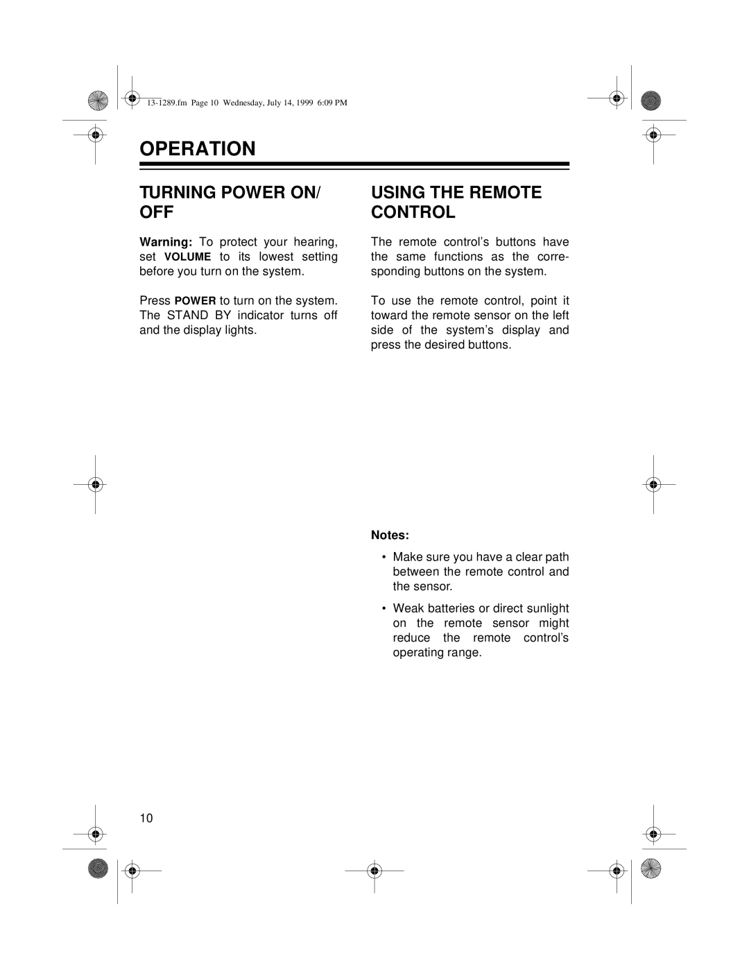 Optimus 742 owner manual Operation, Turning Power On/ Off, Using The Remote Control 