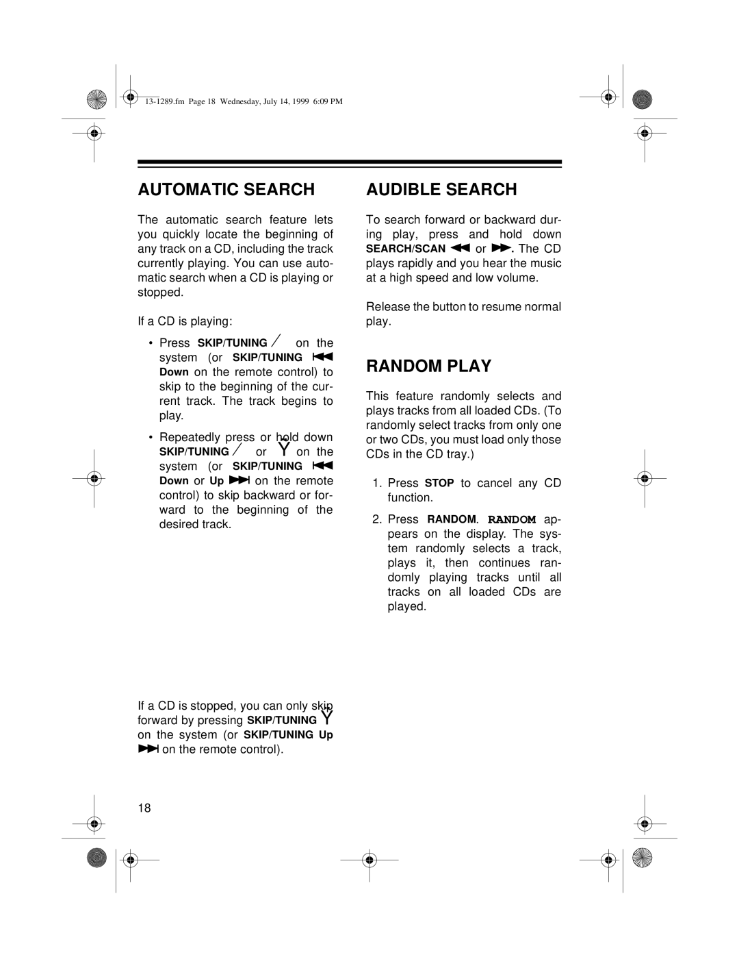 Optimus 742 owner manual Automatic Search, Audible Search, Random Play 