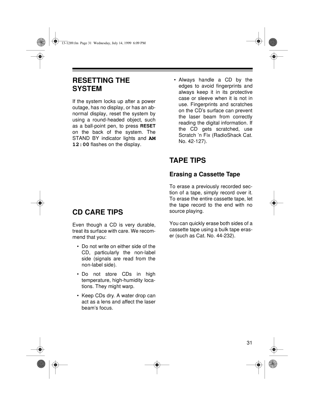 Optimus 742 owner manual Resetting The System, Cd Care Tips, Tape Tips, Erasing a Cassette Tape 