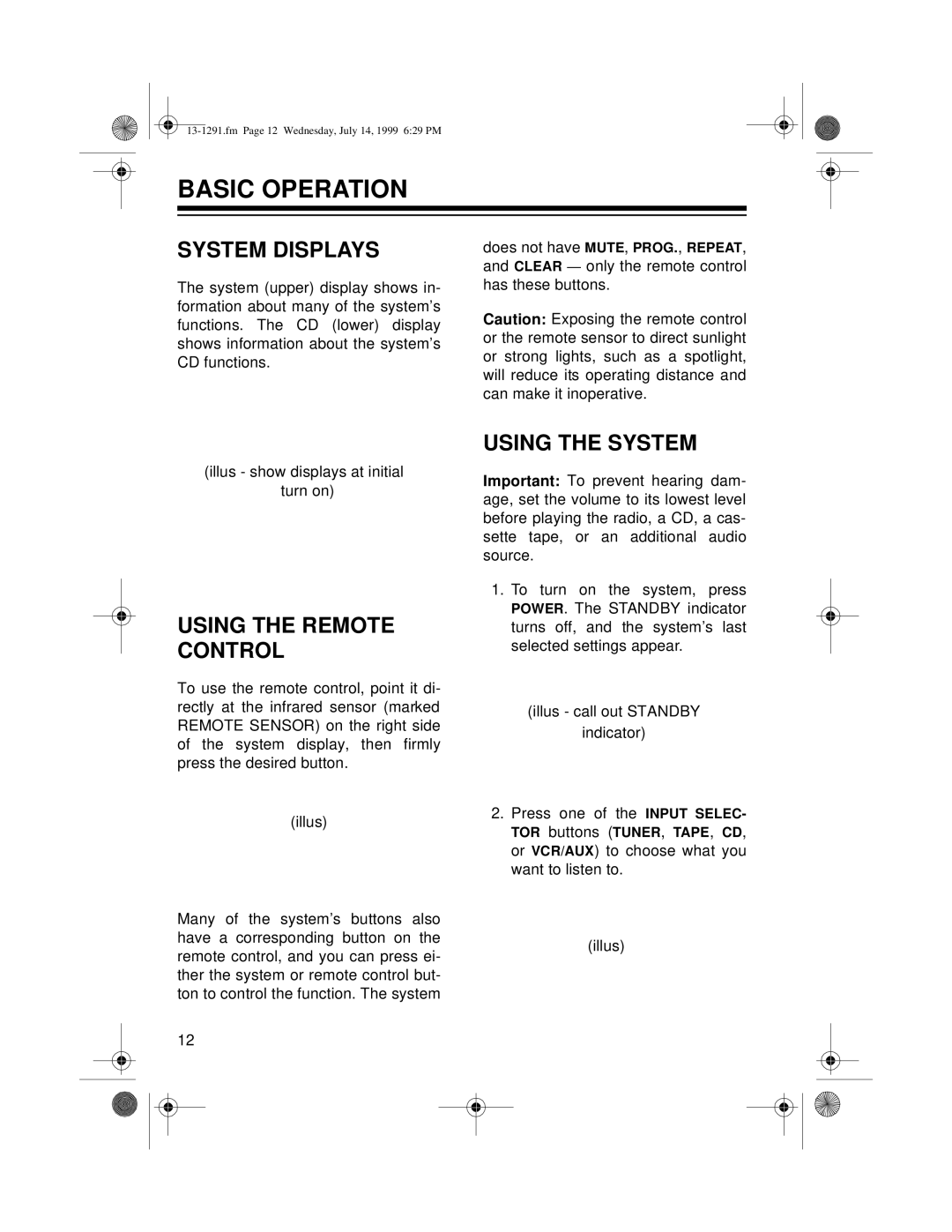 Optimus 744 owner manual Basic Operation, System Displays, Using the Remote Control, Using the System 