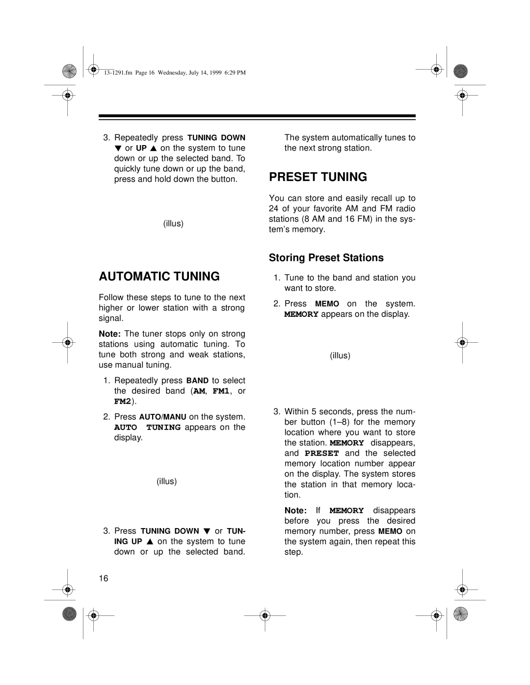 Optimus 744 owner manual Preset Tuning, Automatic Tuning, Storing Preset Stations 