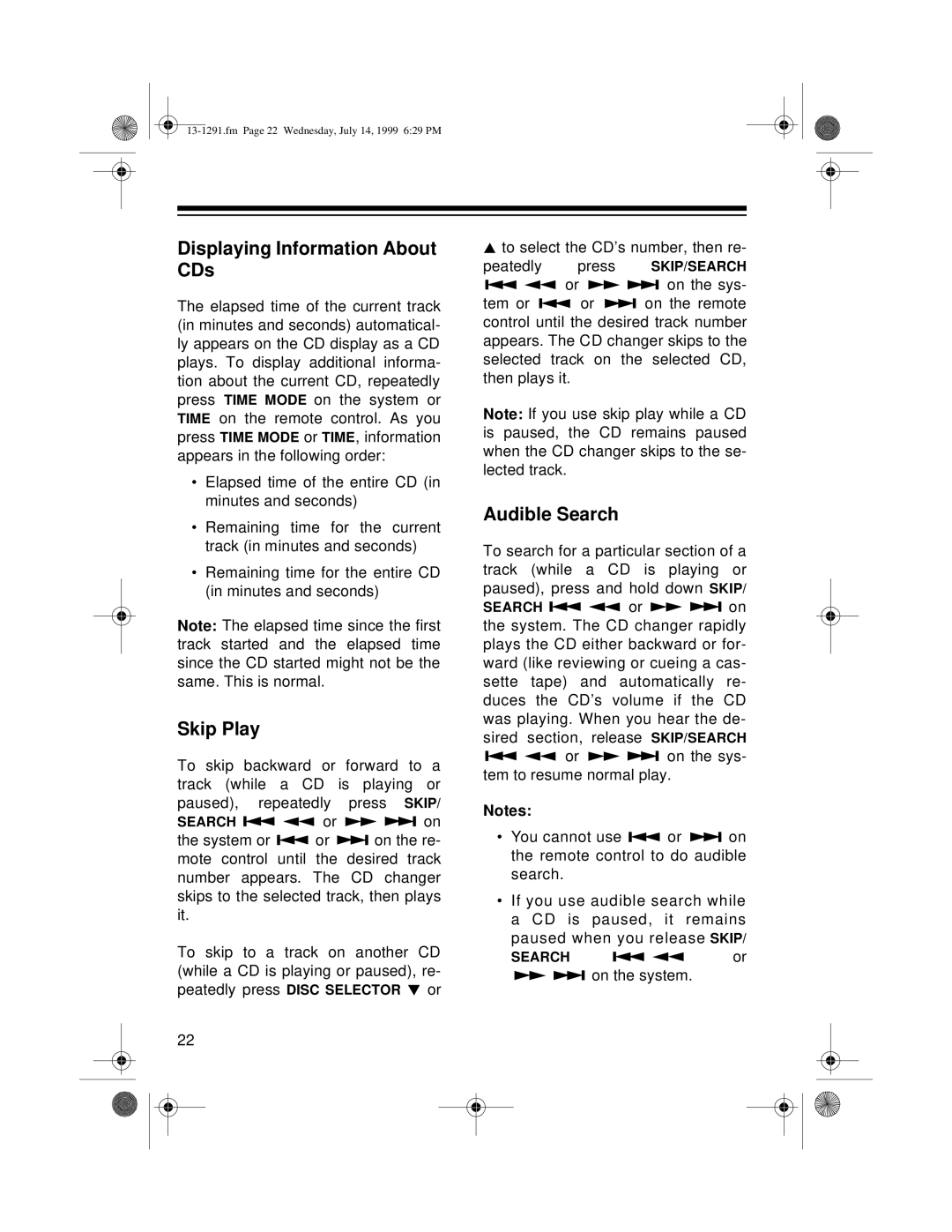 Optimus 744 owner manual Displaying Information About CDs, Skip Play, Audible Search 