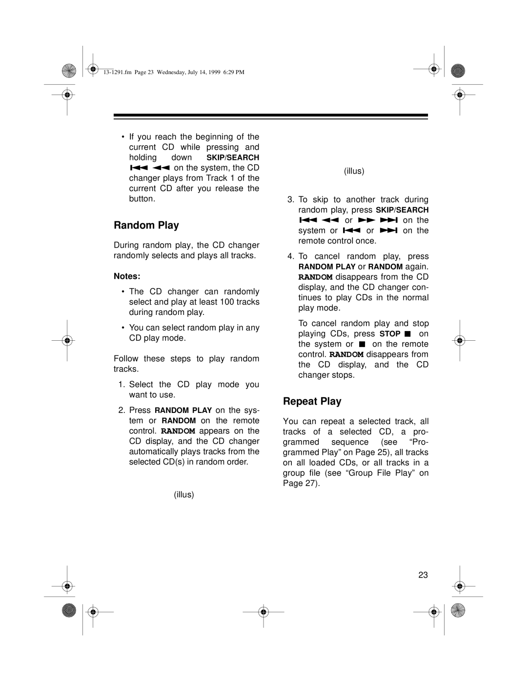 Optimus 744 owner manual Random Play, Repeat Play 