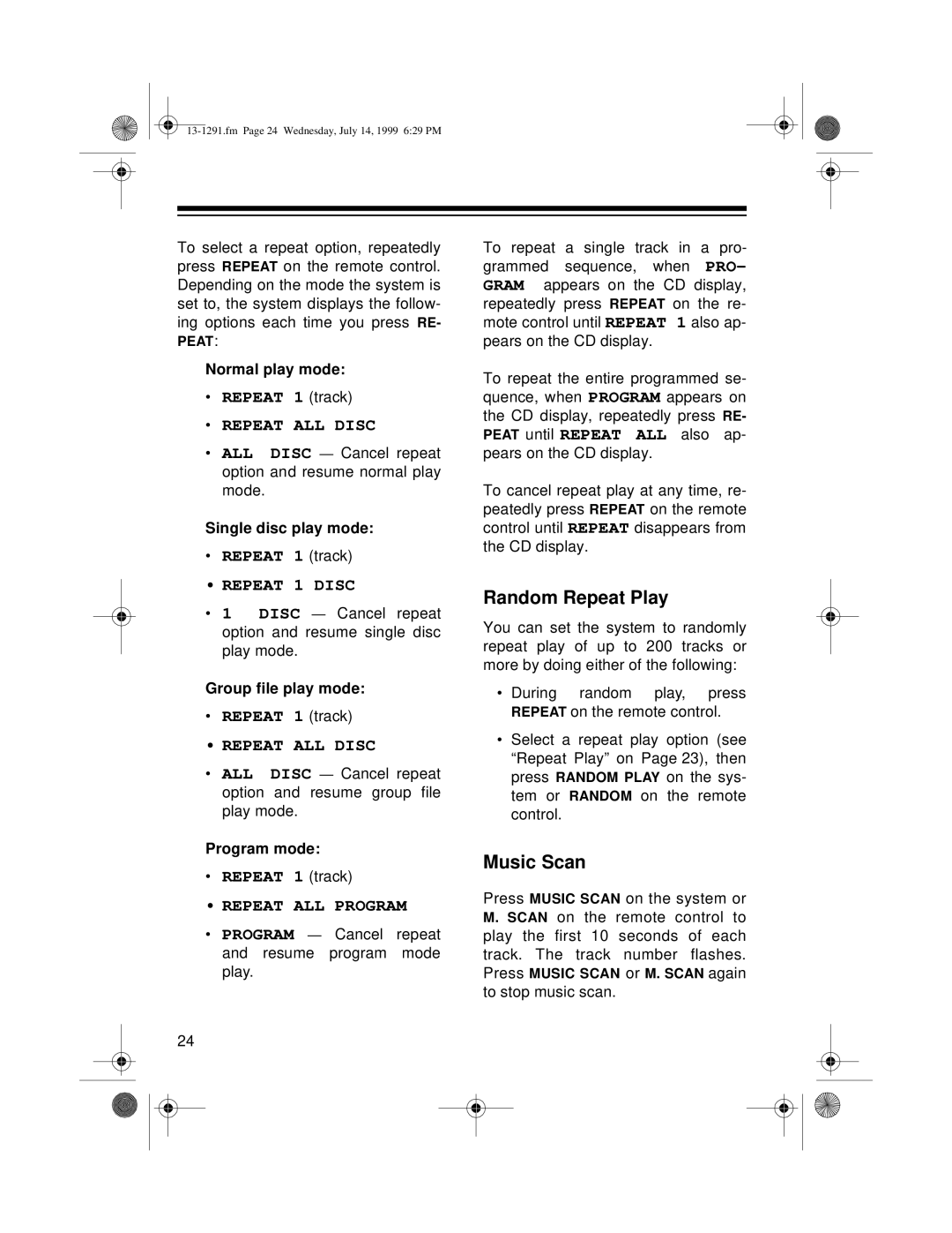 Optimus 744 owner manual Random Repeat Play, Music Scan 