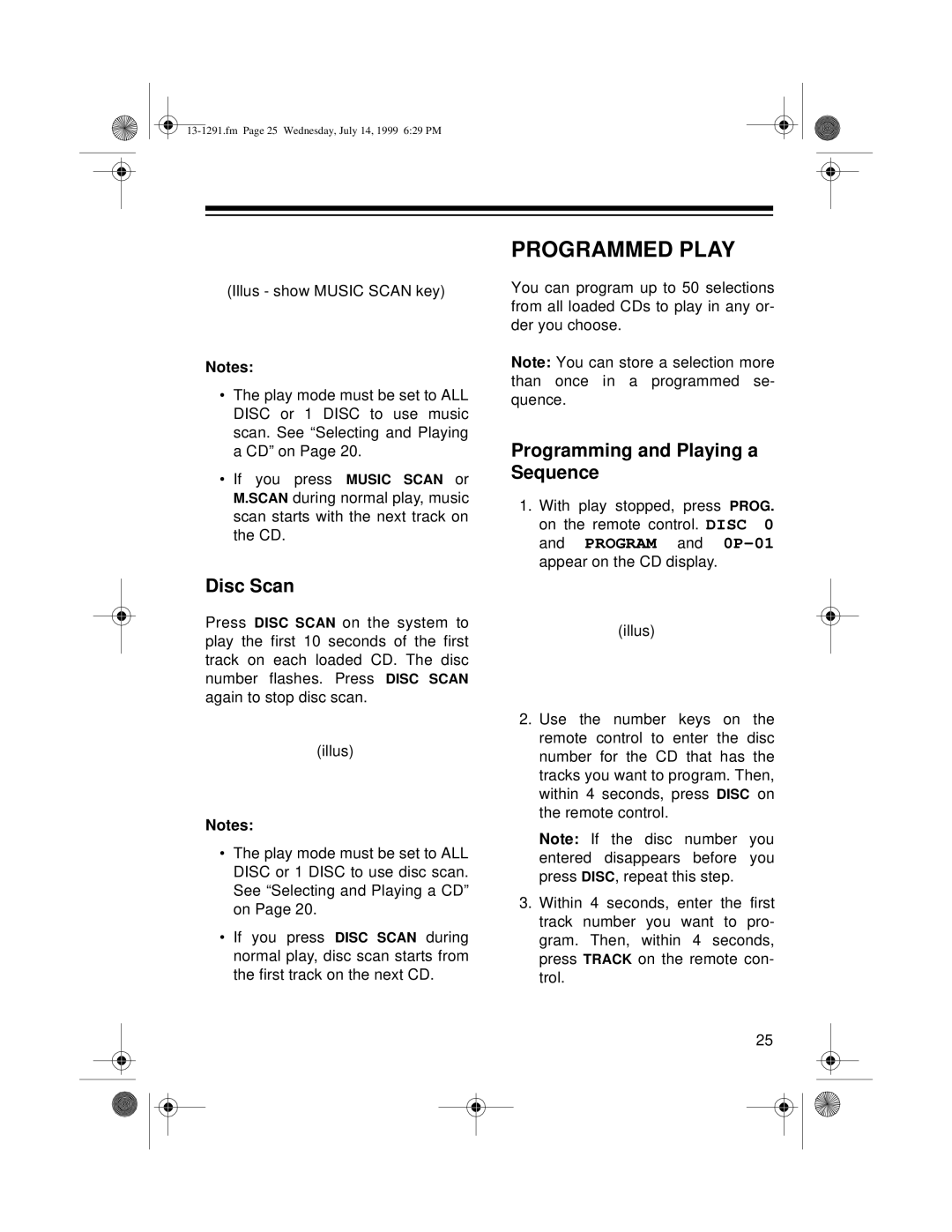 Optimus 744 owner manual Programmed Play, Disc Scan, Programming and Playing a Sequence 