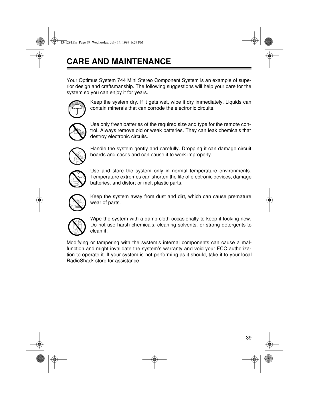 Optimus 744 owner manual Care and Maintenance 