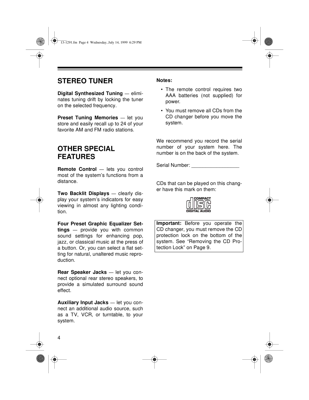 Optimus 744 owner manual Stereo Tuner, Other Special Features 