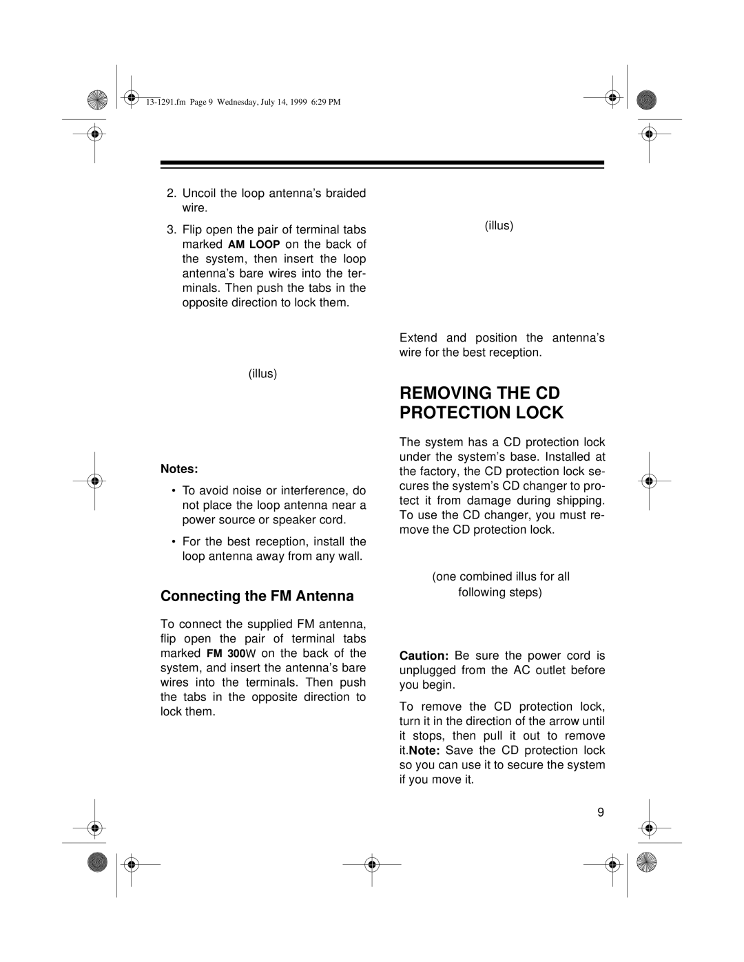 Optimus 744 owner manual Removing the CD Protection Lock, Connecting the FM Antenna 