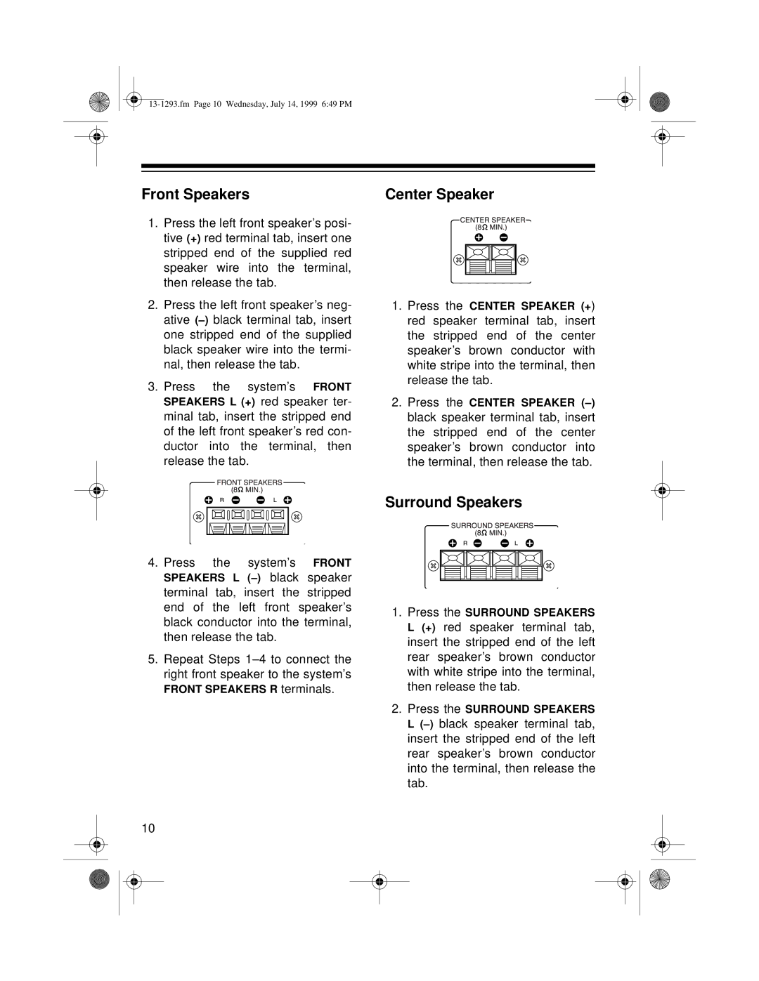 Optimus 745 owner manual Front Speakers, Center Speaker, Surround Speakers 