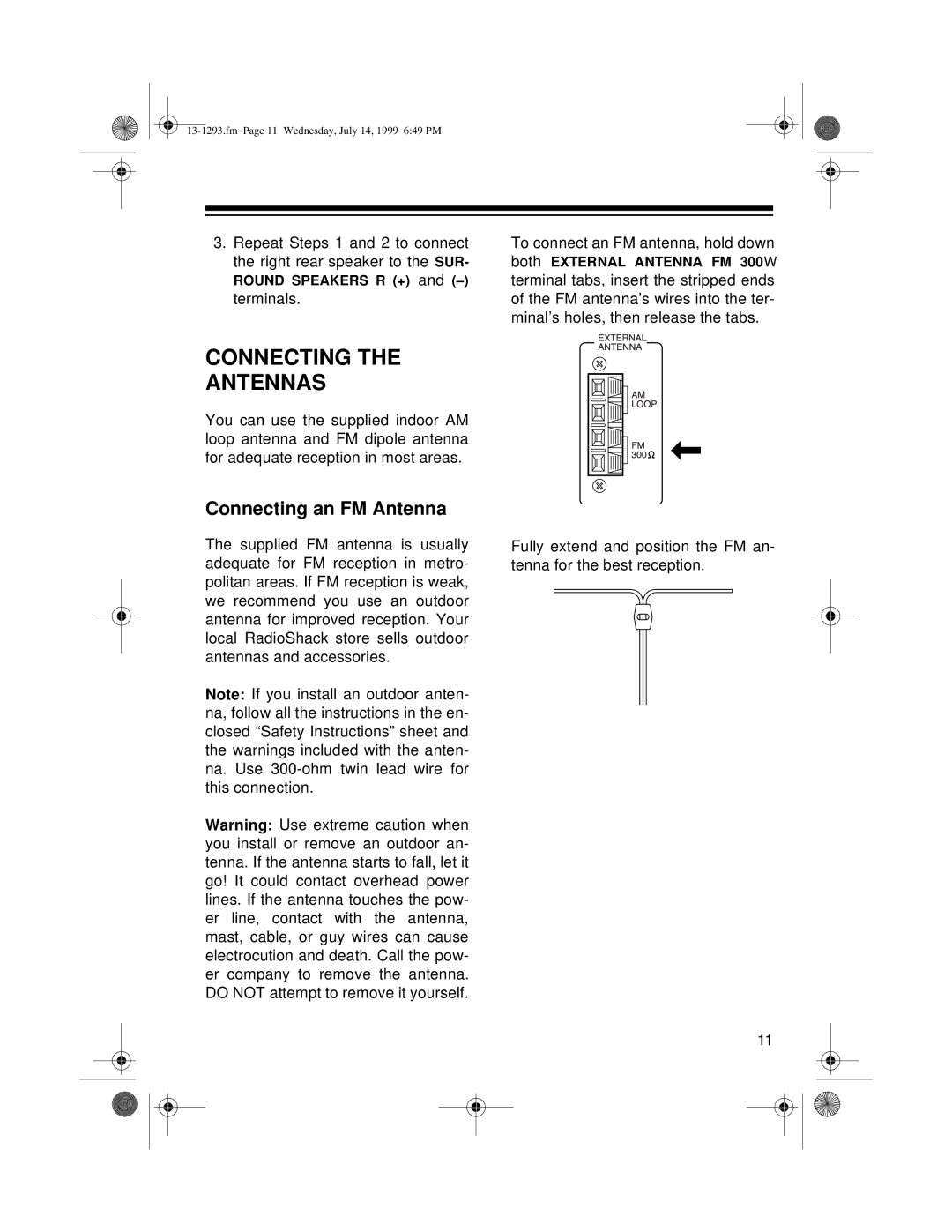 Optimus 745 owner manual Connecting Antennas, Connecting an FM Antenna 