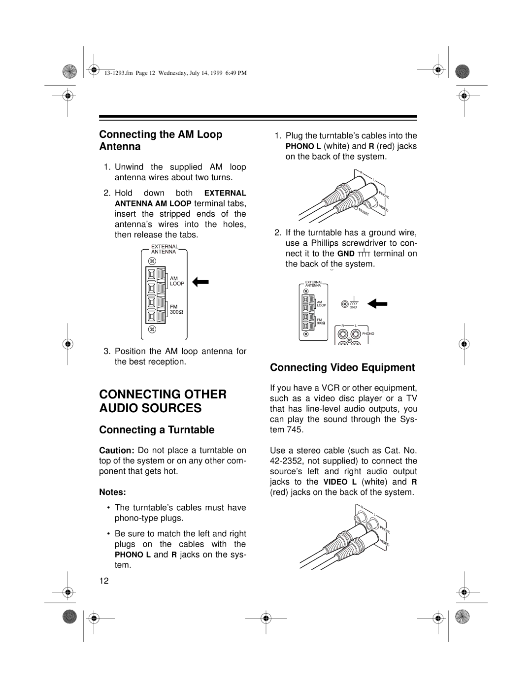 Optimus 745 owner manual Connecting Other Audio Sources, Connecting the AM Loop Antenna, Connecting a Turntable 