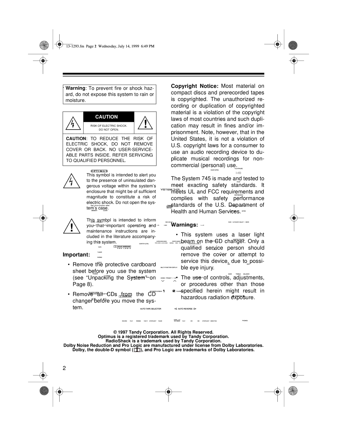 Optimus 745 owner manual Fm Page 2 Wednesday, July 14, 1999 649 PM 