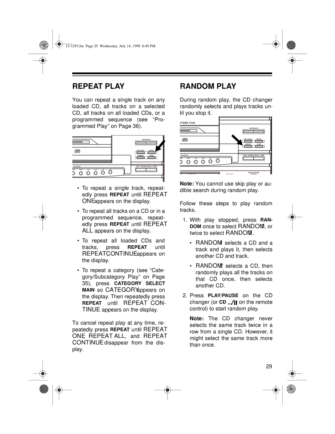 Optimus 745 owner manual Repeat Play, Random Play 