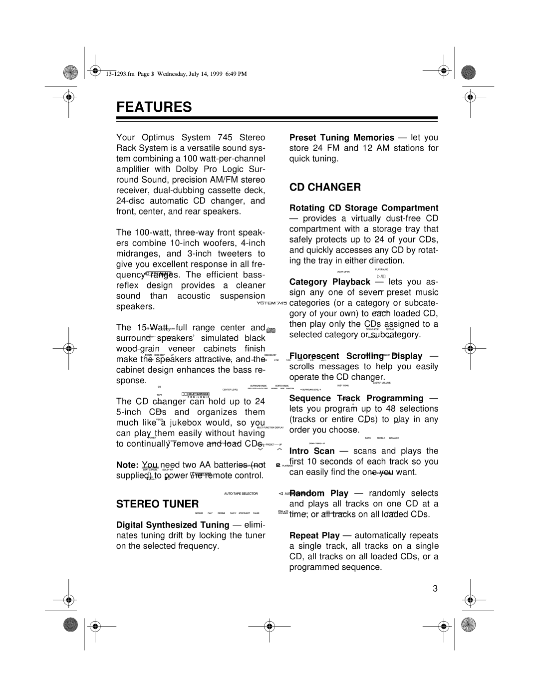 Optimus 745 owner manual Features, Stereo Tuner 