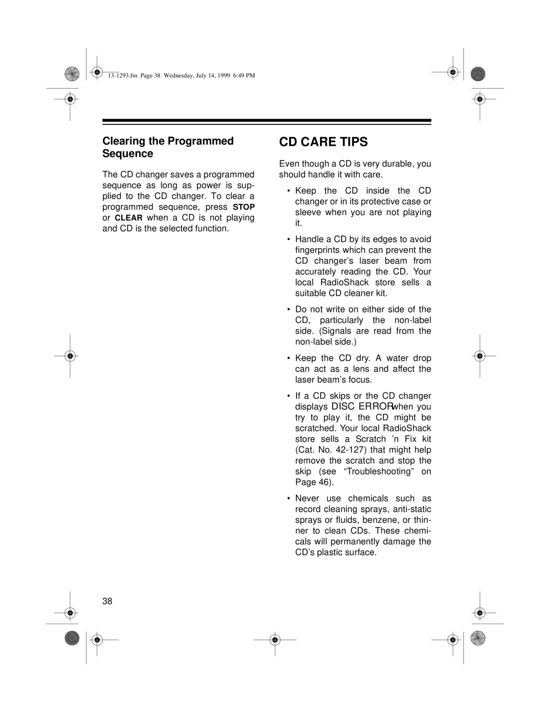 Optimus 745 owner manual CD Care Tips, Clearing the Programmed Sequence 