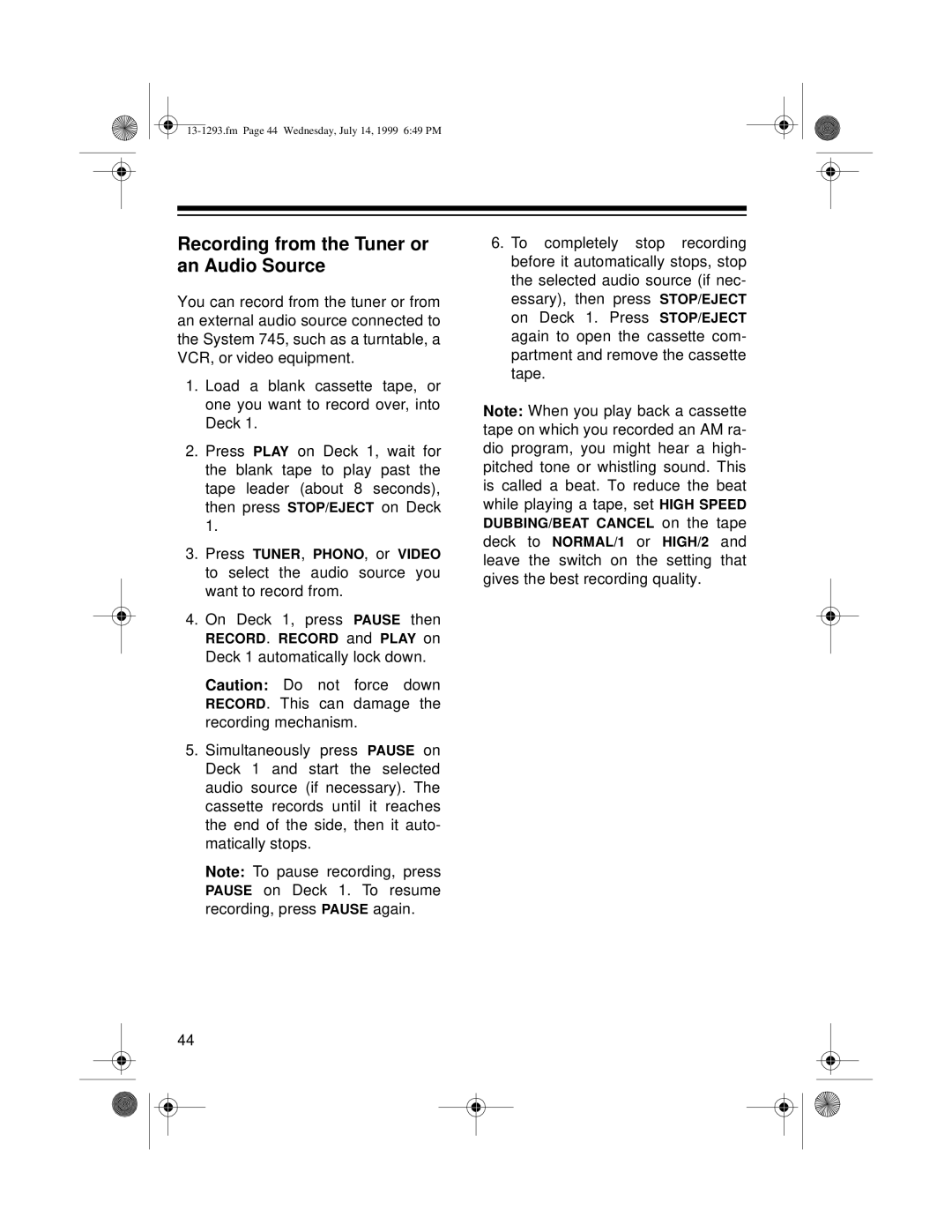 Optimus 745 owner manual Recording from the Tuner or an Audio Source 