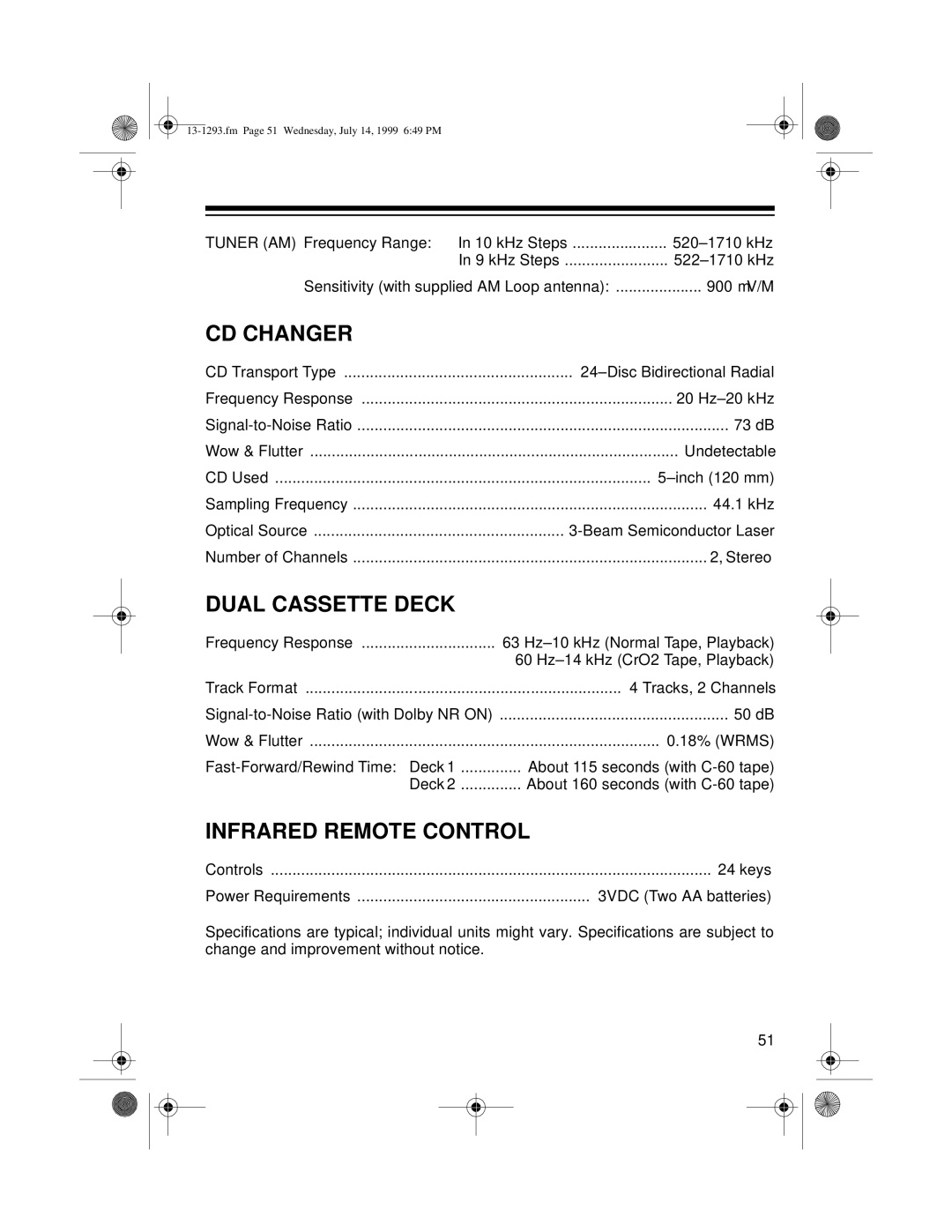 Optimus 745 owner manual CD Changer, Dual Cassette Deck, Infrared Remote Control 