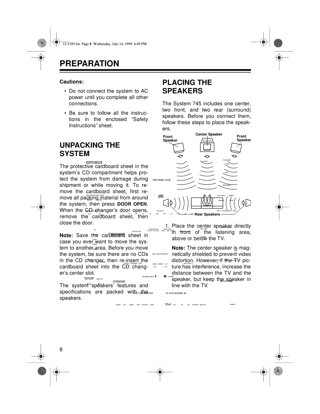 Optimus 745 owner manual Preparation, Unpacking System, Placing Speakers 