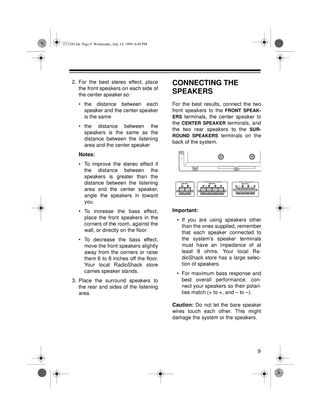 Optimus 745 owner manual Connecting Speakers 