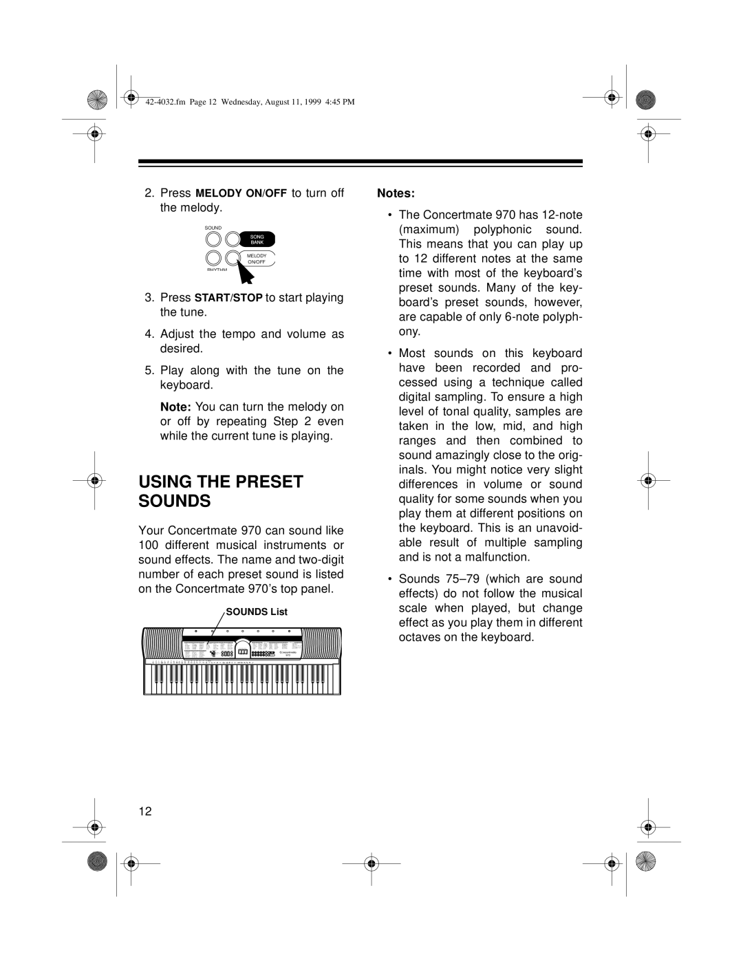 Optimus 970 owner manual Using the Preset Sounds 