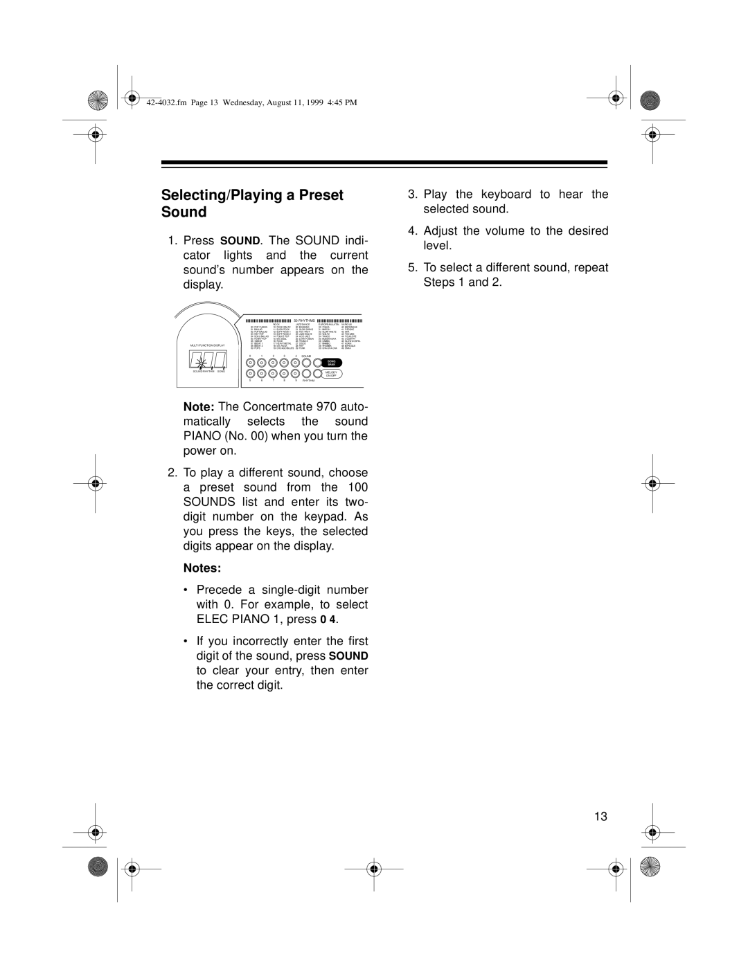 Optimus 970 owner manual Selecting/Playing a Preset Sound, Rhythms 