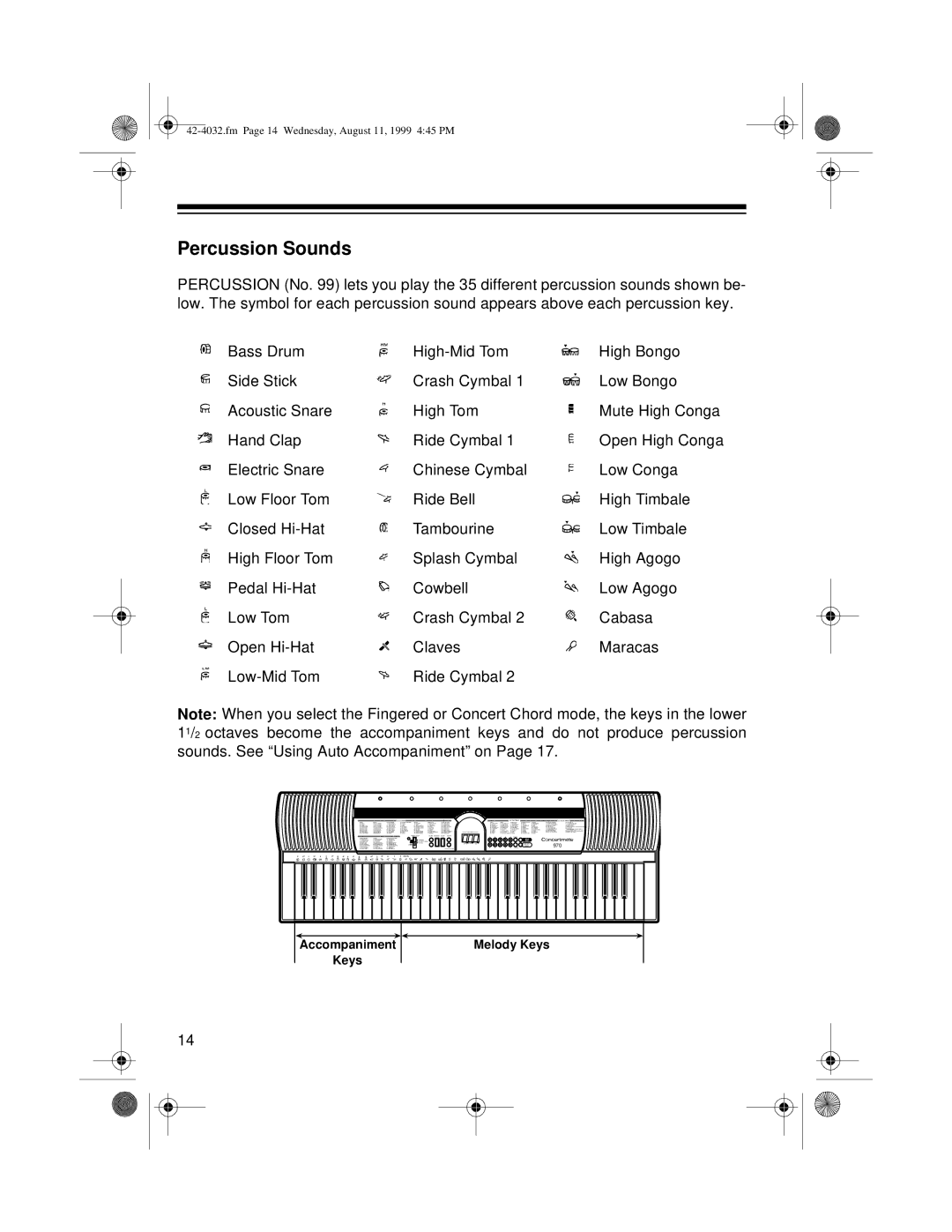 Optimus 970 owner manual Percussion Sounds 