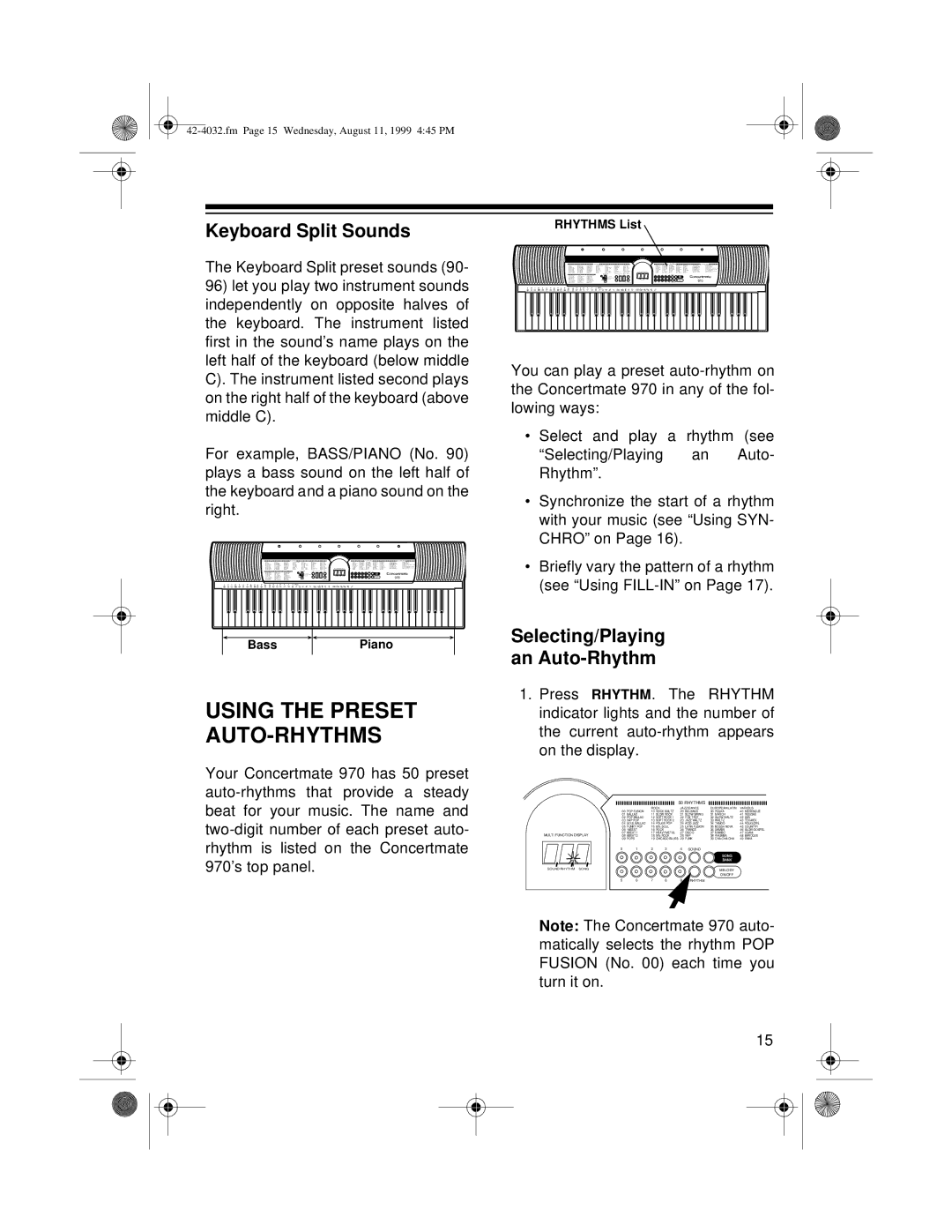 Optimus 970 owner manual Using the Preset AUTO-RHYTHMS, Keyboard Split Sounds, Selecting/Playing An Auto-Rhythm 