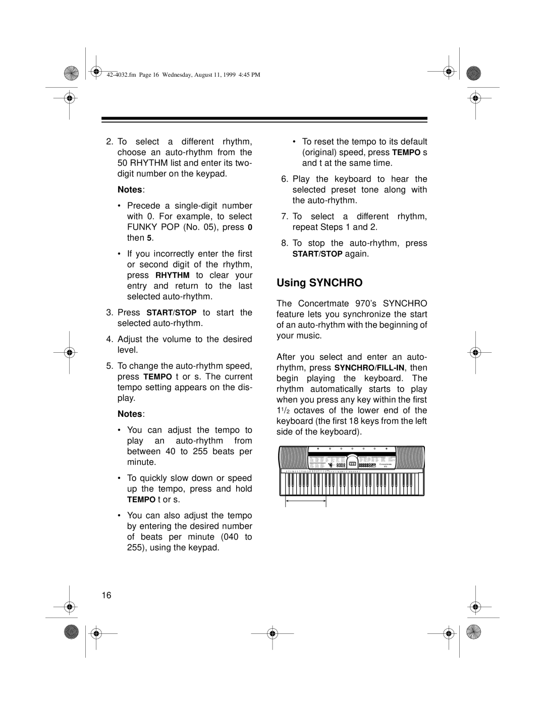 Optimus 970 owner manual Using Synchro 