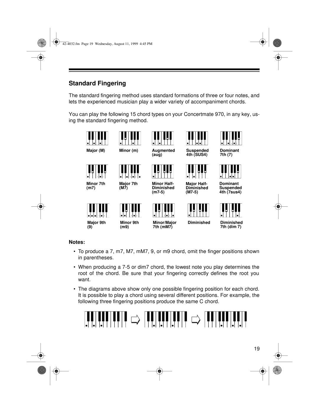 Optimus 970 owner manual Standard Fingering 