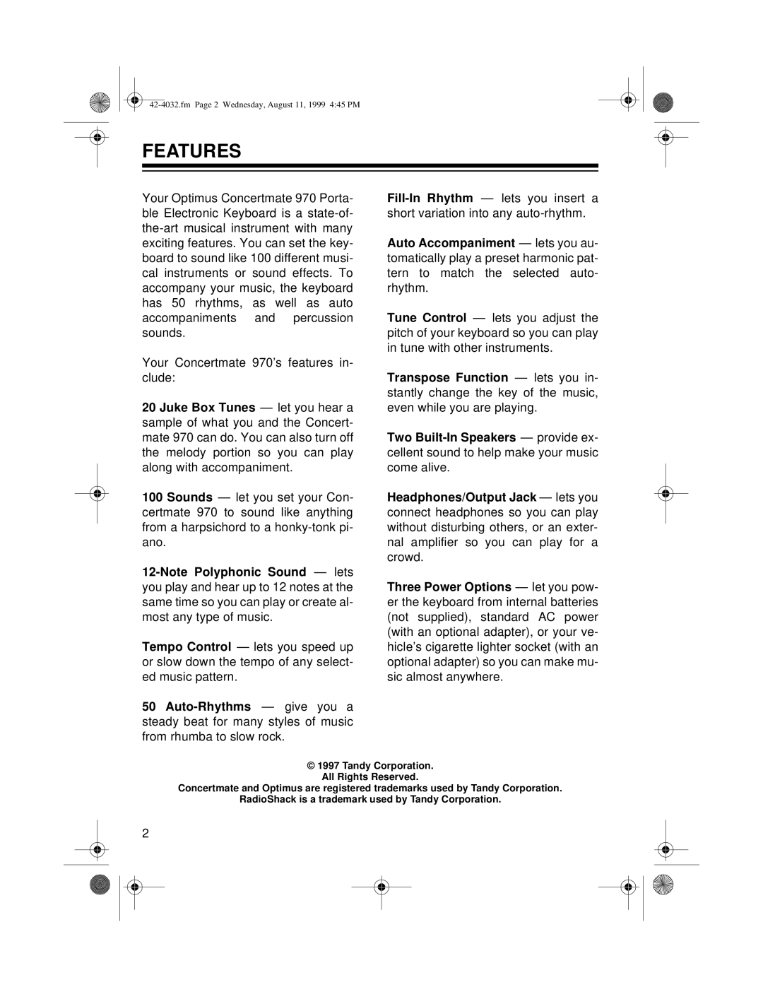 Optimus 970 owner manual Features 