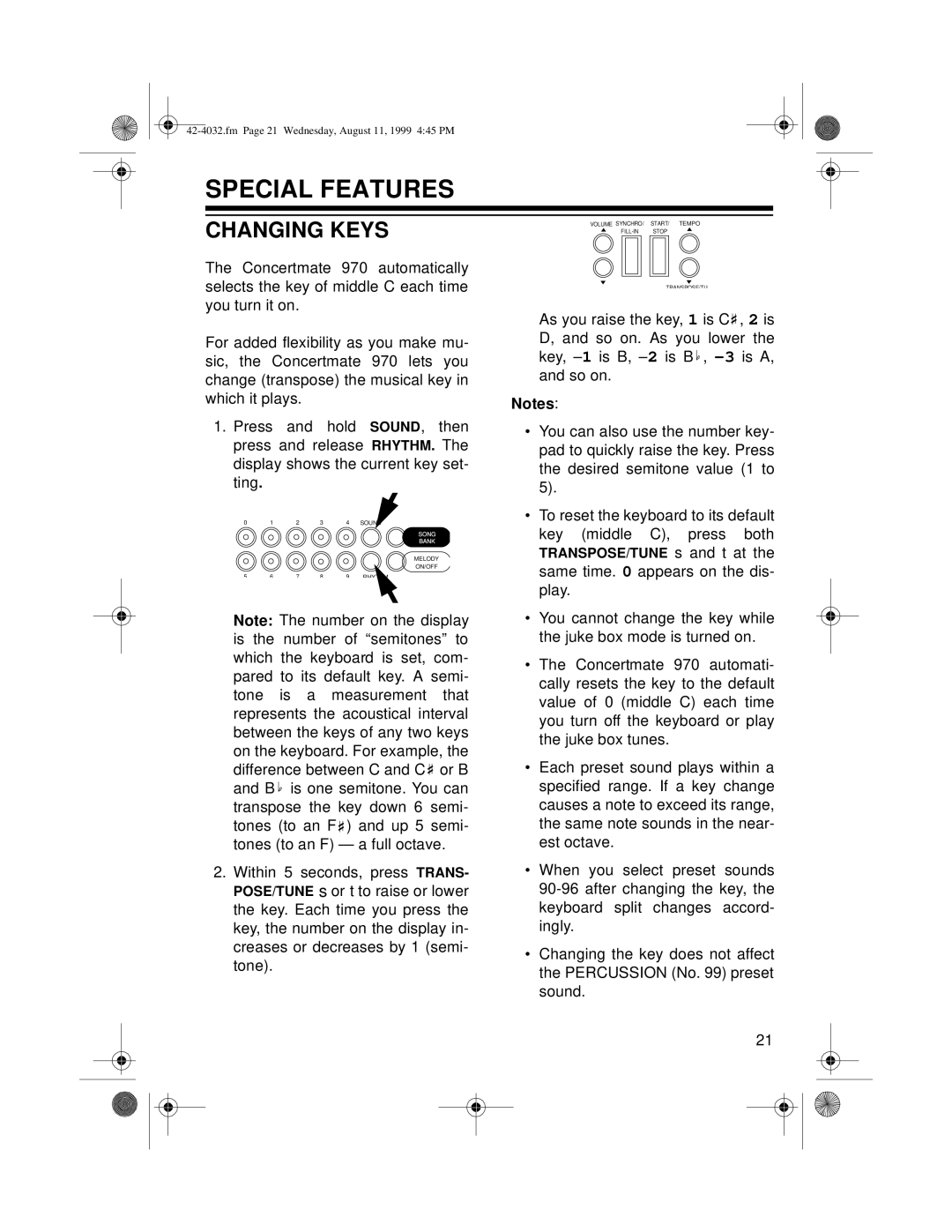 Optimus 970 owner manual Special Features, Changing Keys 