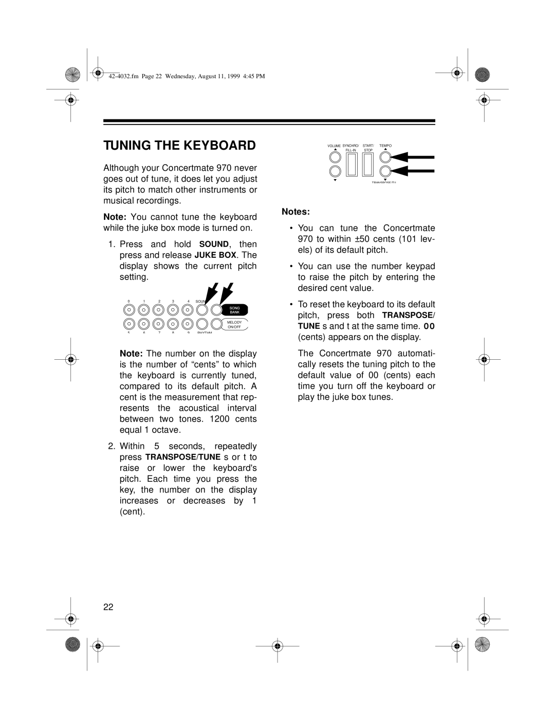 Optimus 970 owner manual Tuning the Keyboard 