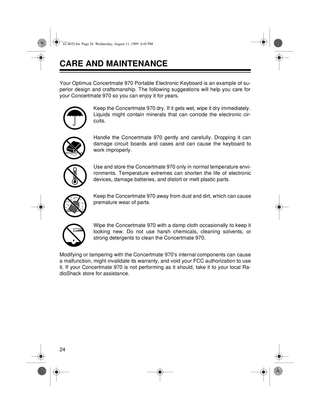 Optimus 970 owner manual Care and Maintenance 