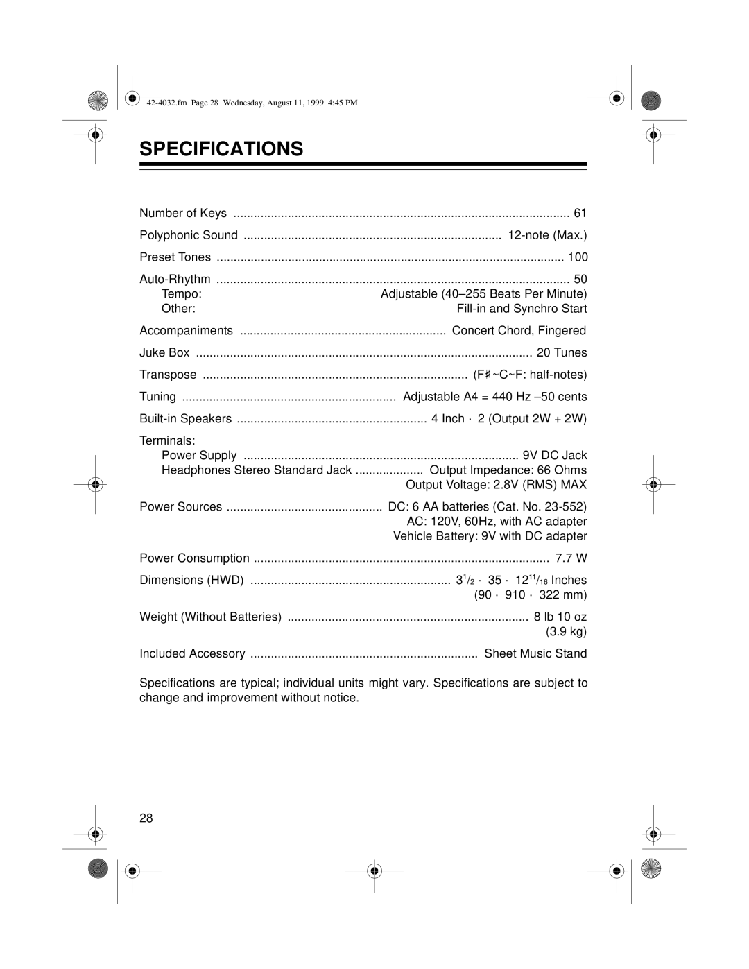 Optimus 970 owner manual Specifications 