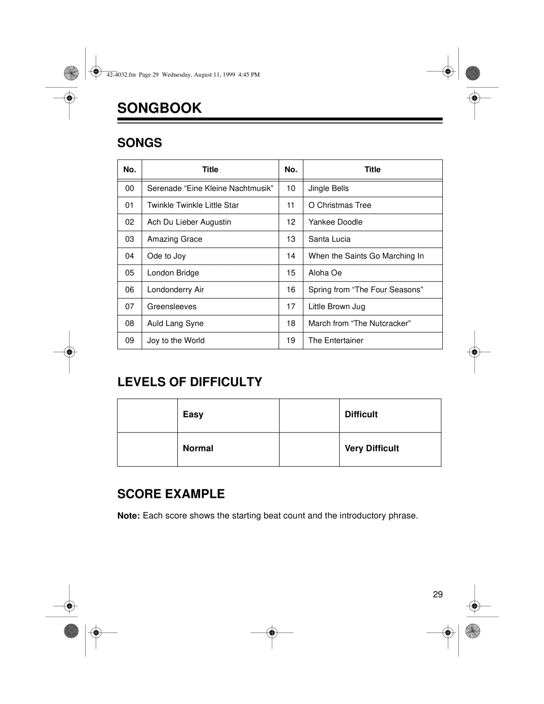 Optimus 970 owner manual Songbook, Songs, Levels of Difficulty, Score Example 