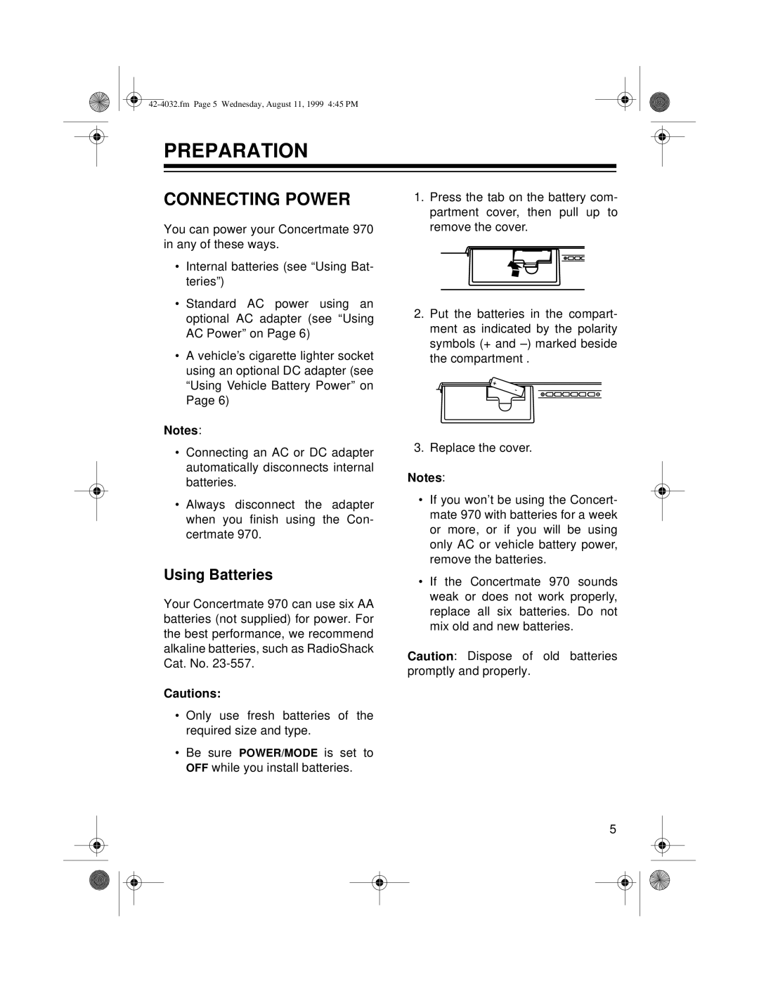 Optimus 970 owner manual Preparation, Connecting Power, Using Batteries 