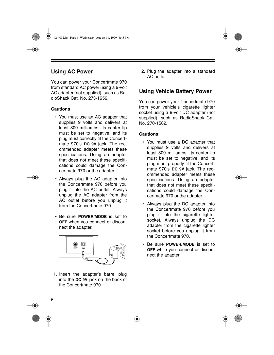 Optimus 970 owner manual Using AC Power, Using Vehicle Battery Power 