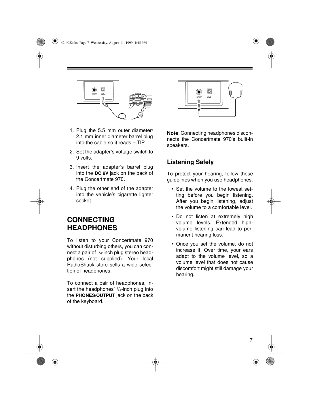 Optimus 970 owner manual Connecting Headphones, Listening Safely 