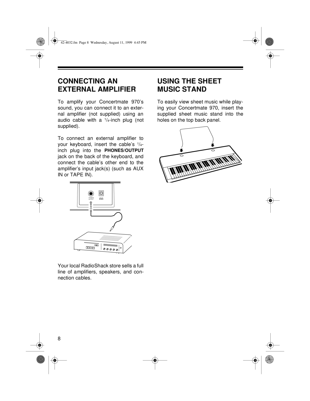 Optimus 970 owner manual Connecting AN External Amplifier, Using the Sheet Music Stand 