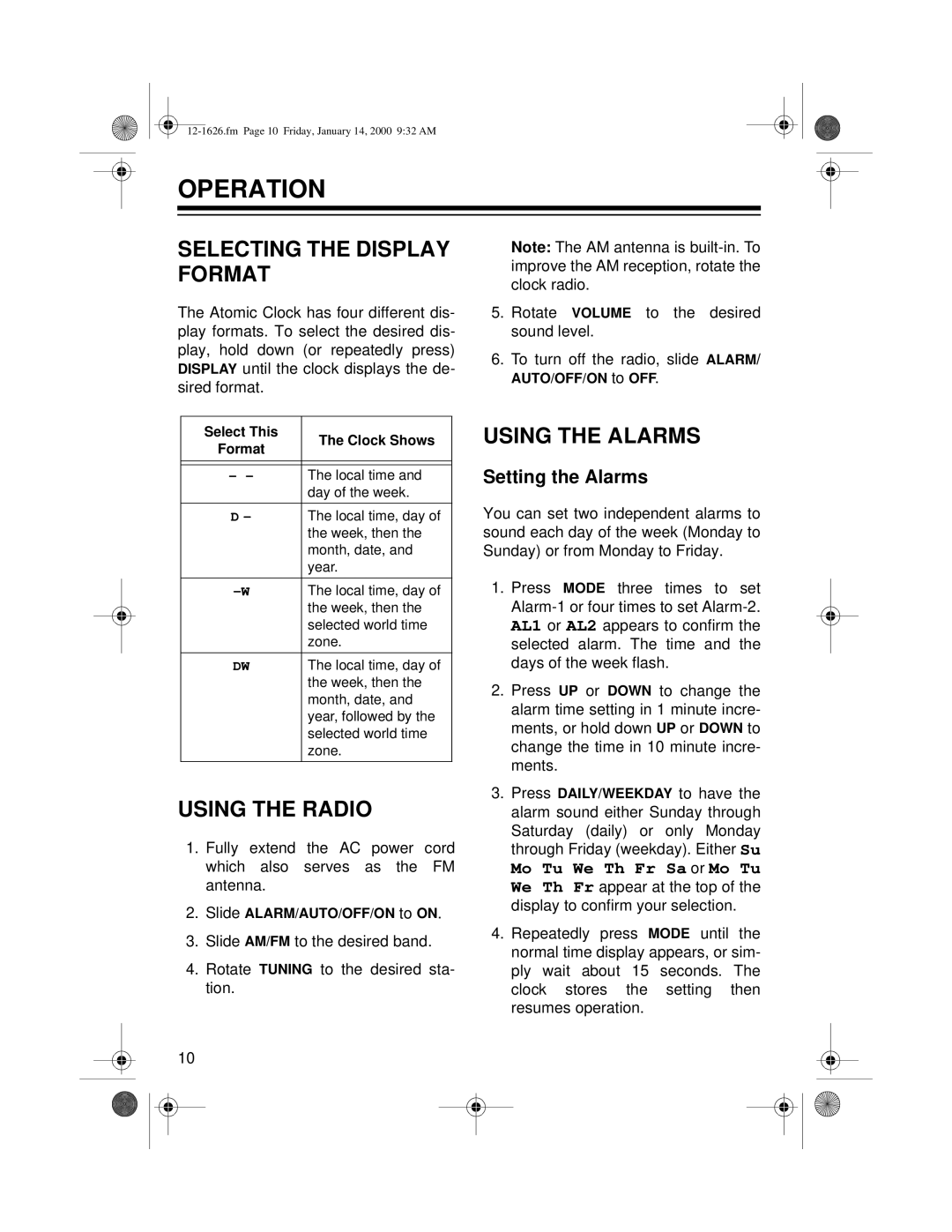 Optimus ACR-326, 12-1626 Operation, Selecting the Display Format, Using the Radio, Using the Alarms, Setting the Alarms 