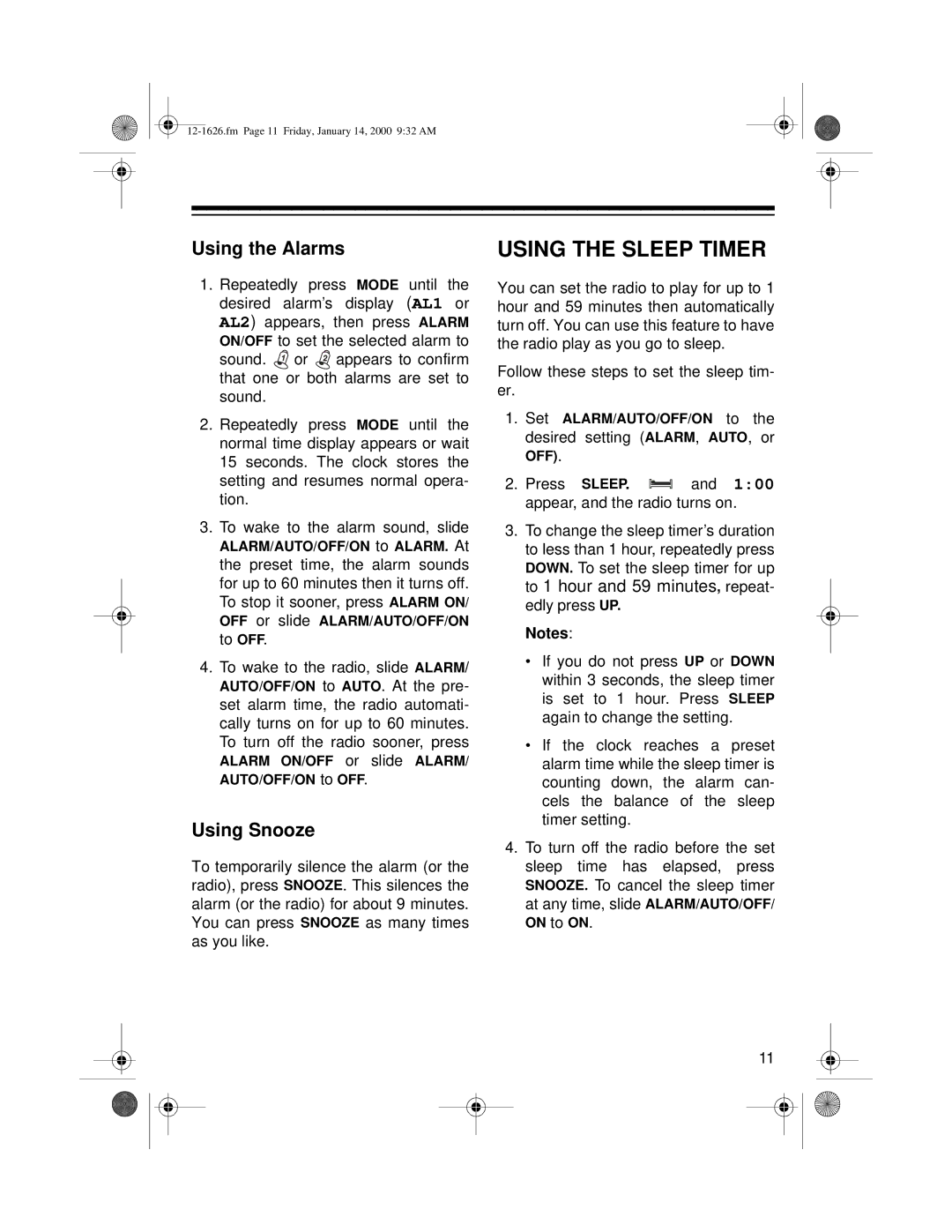 Optimus 12-1626, ACR-326 owner manual Using the Sleep Timer, Using the Alarms, Using Snooze 