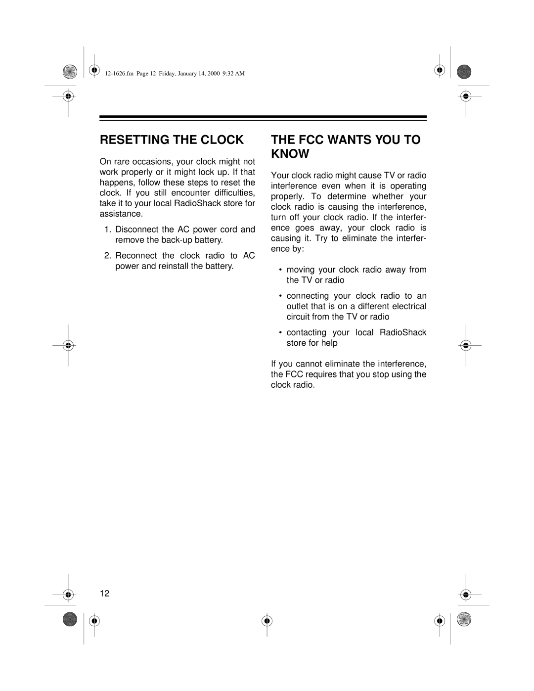 Optimus ACR-326, 12-1626 owner manual Resetting the Clock, FCC Wants YOU to Know 