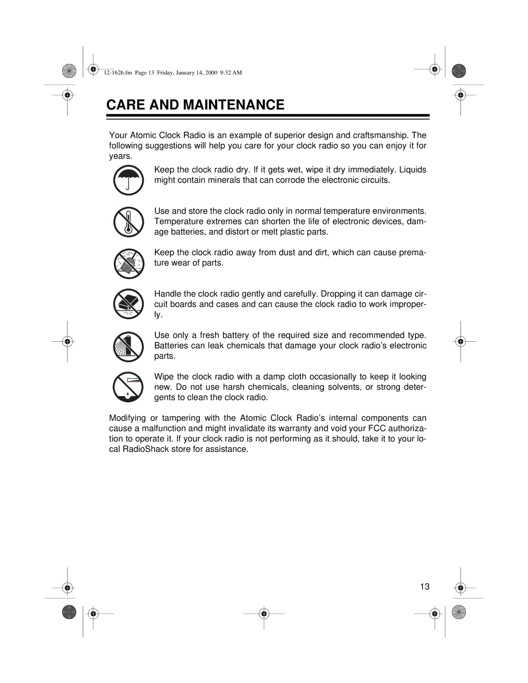 Optimus 12-1626, ACR-326 owner manual Care and Maintenance 